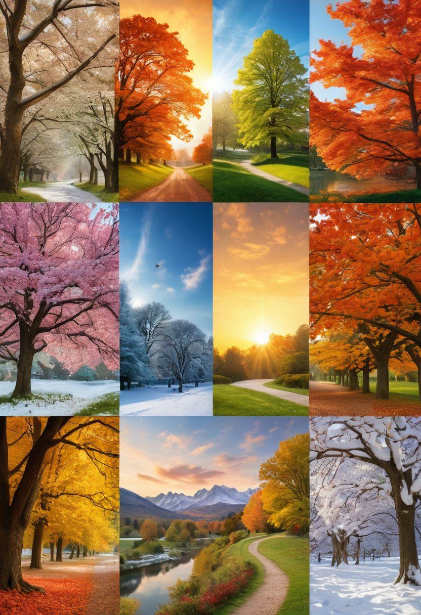 A collage of historical events represented through the changing seasons, featuring spring blossoms symbolizing rebirth, summer sun representing growth, autumn leaves for reflection, and winter snow denoting rest. Integrate iconic landmarks or artifacts from different eras subtly blending into the seasonal backgrounds. The image should have a mystical glow and a sense of movement, illustrating the passage of time. super-realistic. vibrant colors. 3D.