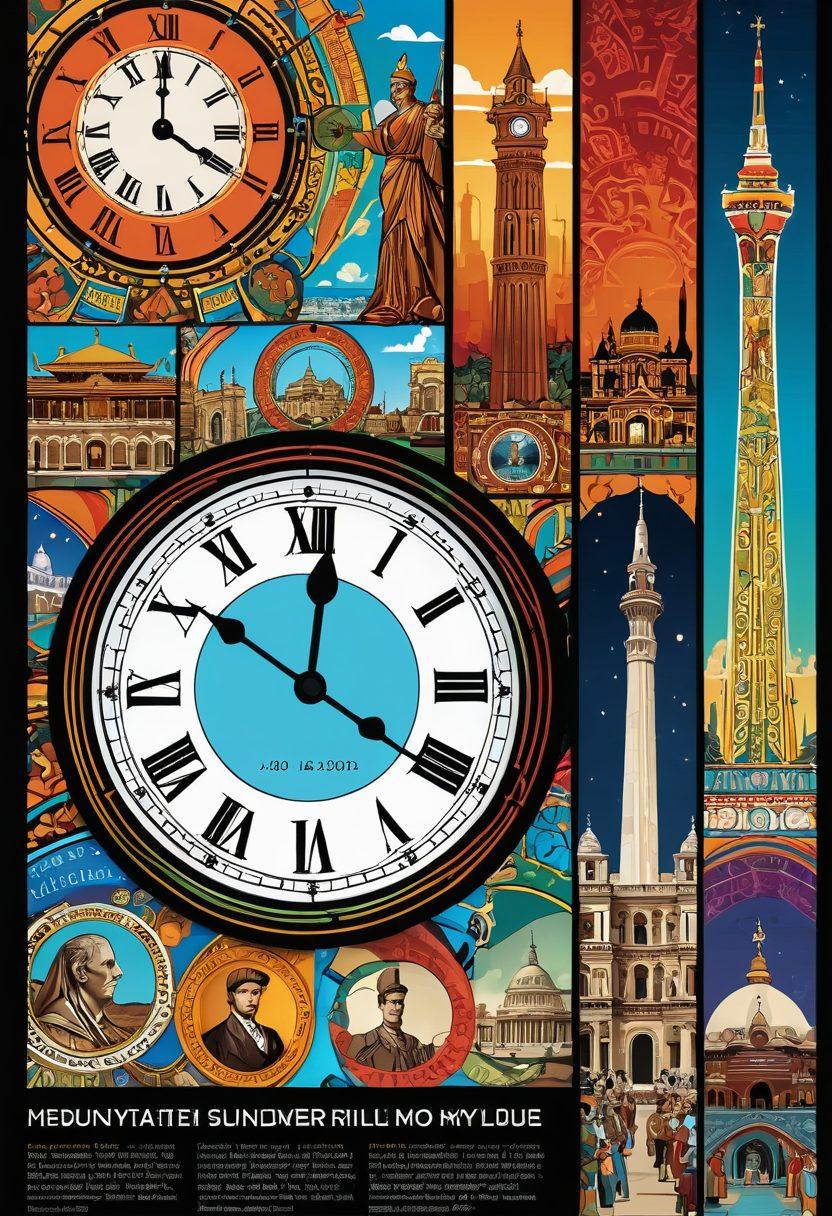 A dynamic timeline stretching across various historical periods, showcasing significant dates marked by vivid illustrations of iconic events, cultural symbols, and influential figures. Include a vibrant color palette and clock motifs to represent the passage of time, blending modern and ancient styles seamlessly. Incorporate various cultural landmarks in the background to emphasize global significance. super-realistic. vibrant colors. detailed background.